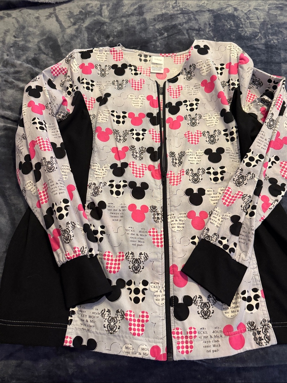 Disney Gray Scrub Jacket with Pink & Black Mickey Print